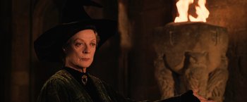 Movie still from “Harry Potter and the Chamber of Secrets” (2002), directed by Chris Columbus – An older woman wearing a witch's hat and holding a broom; Close Up shot, Low angle