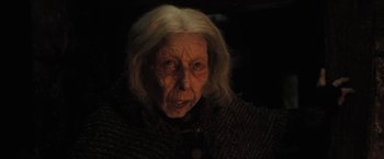 Movie still from “Harry Potter and the Deathly Hallows: Part 1” (2010), directed by David Yates – An old woman with white blonde hair wearing a sweater; Close Up shot, High angle
