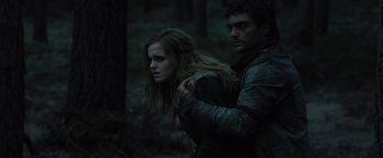 Movie still from “Harry Potter and the Deathly Hallows: Part 1” (2010), directed by David Yates – A man and a woman in the woods; Medium shot, Low angle