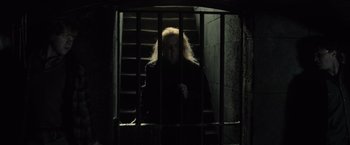 Movie still from “Harry Potter and the Deathly Hallows: Part 1” (2010), directed by David Yates – A man with long white hair standing in front of a staircase; Wide shot, High angle