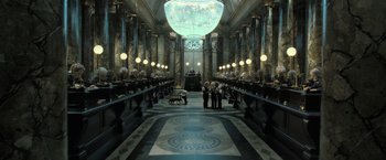 Movie still from “Harry Potter and the Deathly Hallows: Part 2” (2011), directed by David Yates – A group of people standing in a room with lights on; Wide shot, High angle