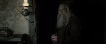 Movie still from “Harry Potter and the Deathly Hallows: Part 2” (2011), directed by David Yates – An old man with long white beard holding a glass of wine; Close Up shot, Low angle
