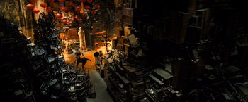 Movie still from “Harry Potter and the Deathly Hallows: Part 2” (2011), directed by David Yates – An overhead view of a room filled with lots of furniture; Extreme Wide shot, High angle