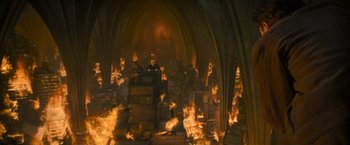 Movie still from “Harry Potter and the Deathly Hallows: Part 2” (2011), directed by David Yates – A cathedral filled with lots and lots of books; Extreme Wide shot, High angle