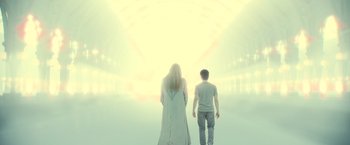 Movie still from “Harry Potter and the Deathly Hallows: Part 2” (2011), directed by David Yates – A man and a woman are walking through a tunnel; Wide shot, Low angle