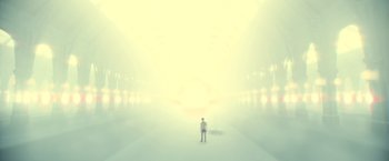 Movie still from “Harry Potter and the Deathly Hallows: Part 2” (2011), directed by David Yates – A man standing in the middle of an empty street; Extreme Wide shot, Low angle