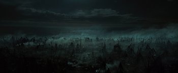 Movie still from “Harry Potter and the Goblet of Fire” (2005), directed by Mike Newell – An image of a dark night with a lot of smoke; Extreme Wide shot, High angle