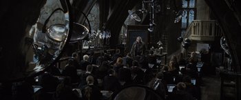 Movie still from “Harry Potter and the Goblet of Fire” (2005), directed by Mike Newell – A group of people sitting in a room; Wide shot, High angle