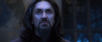 Movie still from “Harry Potter and the Goblet of Fire” (2005), directed by Mike Newell – A person with long hair and a beard; Close Up shot, Low angle