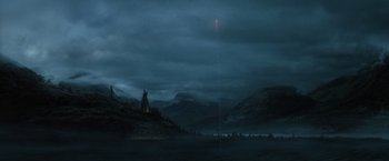 Movie still from “Harry Potter and the Goblet of Fire” (2005), directed by Mike Newell – A castle in the middle of the night with mountains in the background; Extreme Wide shot, High angle