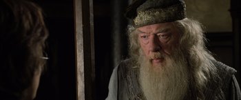 Movie still from “Harry Potter and the Goblet of Fire” (2005), directed by Mike Newell – An old man with long white beard wearing a hat; Close Up shot, Low angle