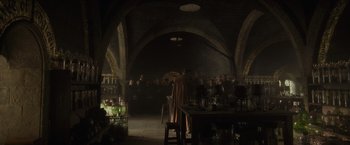 Movie still from “Harry Potter and the Half-Blood Prince” (2009), directed by David Yates – A group of people standing around a room; Extreme Wide shot, Over the shoulder angle