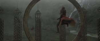 Movie still from “Harry Potter and the Half-Blood Prince” (2009), directed by David Yates – An image of a man flying through the air with a sword; Extreme Wide shot, High angle