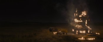 Movie still from “Harry Potter and the Half-Blood Prince” (2009), directed by David Yates – A group of people standing in a field at night; Extreme Wide shot, High angle