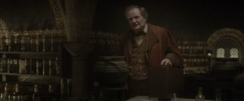Movie still from “Harry Potter and the Half-Blood Prince” (2009), directed by David Yates – A man standing in front of a pot on a stove; Medium shot, Over the shoulder angle