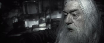 Movie still from “Harry Potter and the Half-Blood Prince” (2009), directed by David Yates – An old man with long white hair and a long beard; Close Up shot, Over the shoulder angle