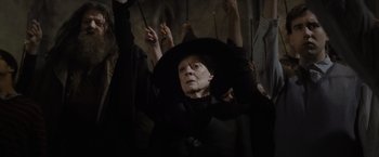 Movie still from “Harry Potter and the Half-Blood Prince” (2009), directed by David Yates – An old woman in a witch costume holding a wand; Medium shot, Low angle