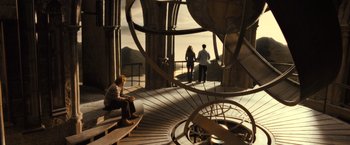 Movie still from “Harry Potter and the Half-Blood Prince” (2009), directed by David Yates – A group of people standing on top of a building; Wide shot, High angle