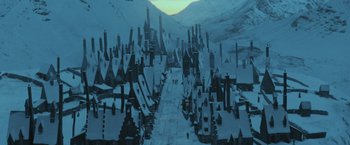 Movie still from “Harry Potter and the Order of the Phoenix” (2007), directed by David Yates – A snowy city is shown in the middle of the night; Extreme Wide shot, High angle