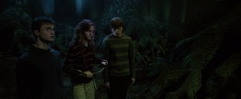 Movie still from “Harry Potter and the Order of the Phoenix” (2007), directed by David Yates – A woman and a man standing next to each other in front of a tree; Medium shot, Low angle