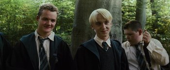 Movie still from “Harry Potter and the Prisoner of Azkaban” (2004), directed by Alfonso Cuarón – Two young men dressed up like harry potters; Medium shot, Low angle