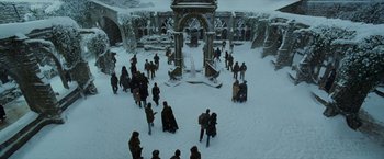 Movie still from “Harry Potter and the Prisoner of Azkaban” (2004), directed by Alfonso Cuarón – A group of people standing in the middle of a snowy field; Extreme Wide shot, High angle
