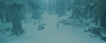 Movie still from “Harry Potter and the Prisoner of Azkaban” (2004), directed by Alfonso Cuarón – A group of people sitting in the middle of a snow covered forest; Extreme Wide shot, High angle