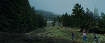 Movie still from “Harry Potter and the Prisoner of Azkaban” (2004), directed by Alfonso Cuarón – A man running through a field near a forest; Extreme Wide shot, Low angle