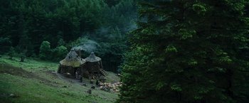 Movie still from “Harry Potter and the Prisoner of Azkaban” (2004), directed by Alfonso Cuarón – A group of people standing outside of a hut; Extreme Wide shot, High angle
