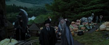 Movie still from “Harry Potter and the Prisoner of Azkaban” (2004), directed by Alfonso Cuarón – Two old men dressed up in costume for a halloween event; Wide shot, High angle