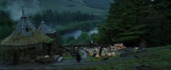 Movie still from “Harry Potter and the Prisoner of Azkaban” (2004), directed by Alfonso Cuarón – A group of people standing on top of a hill near a lake; Extreme Wide shot, High angle