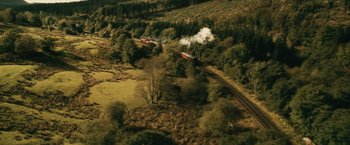 Movie still from “Harry Potter and the Sorcerer's Stone” (2001), directed by Chris Columbus – Two trains are going down the tracks in the middle of a forest; Extreme Wide shot, High angle