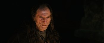 Movie still from “Harry Potter and the Sorcerer's Stone” (2001), directed by Chris Columbus – An old man with long hair and a beard; Close Up shot, Over the shoulder angle
