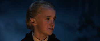 Movie still from “Harry Potter and the Sorcerer's Stone” (2001), directed by Chris Columbus – A young boy with blonde hair looking to his left; Close Up shot, Low angle