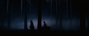 Movie still from “Harry Potter and the Sorcerer's Stone” (2001), directed by Chris Columbus – A man and a woman walking through the woods at night; Extreme Wide shot, Low angle