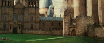 Movie still from “Harry Potter and the Sorcerer's Stone” (2001), directed by Chris Columbus – An image of an old castle with a sky in the background; Extreme Wide shot, High angle