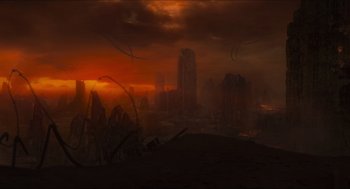 Movie still from “Hellboy” (2004), directed by Guillermo del Toro – An orange sky over a large city at sunset; Extreme Wide shot, High angle