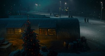 Movie still from “Hellboy II: The Golden Army” (2008), directed by Guillermo del Toro – A christmas tree in the middle of a snowy night; Extreme Wide shot, High angle