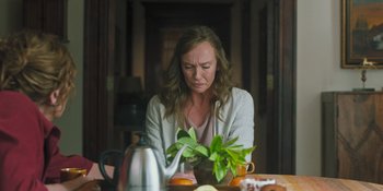 Movie still from “Hereditary” (2018), directed by Ari Aster – A woman sitting at a table with a plant in front of her; Medium shot, Over the shoulder angle