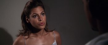 Movie still from “Hitch” (2005), directed by Andy Tennant – A beautiful young woman in a white top; Close Up shot, High angle