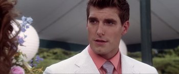 Movie still from “Hitch” (2005), directed by Andy Tennant – A person wearing a suit and tie; Close Up shot, Over the shoulder angle