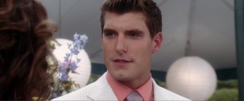 Movie still from “Hitch” (2005), directed by Andy Tennant – A person wearing a suit and tie; Close Up shot, Over the shoulder angle