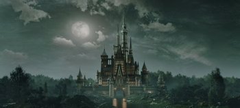 Movie still from “Hocus Pocus 2” (2022), directed by Anne Fletcher – A castle with a moon in the background; Extreme Wide shot, Low angle