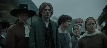 Movie still from “Hocus Pocus 2” (2022), directed by Anne Fletcher – A group of people standing next to each other; Medium shot, Over the shoulder angle