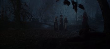 Movie still from “Hocus Pocus 2” (2022), directed by Anne Fletcher – A group of people standing in the woods at night; Wide shot, High angle
