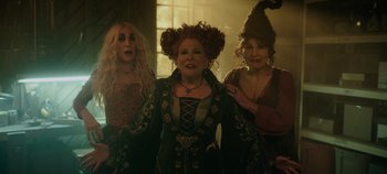 Movie still from “Hocus Pocus 2” (2022), directed by Anne Fletcher – A group of women dressed up as hocus pocus; Medium shot, High angle