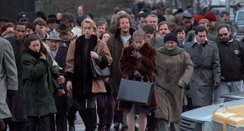Movie still from “Home Alone 2: Lost in New York” (1992), directed by Chris Columbus – A crowd of people walking down a street; Wide shot, High angle