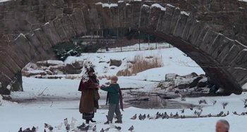 Movie still from “Home Alone 2: Lost in New York” (1992), directed by Chris Columbus – A woman and a child standing in the snow near a flock of pigeons; Wide shot, Over the shoulder angle