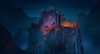 Movie still from “Hotel Transylvania 4: Transformania” (2022), directed by Jennifer Kluska – An image of a castle in the middle of the night; Extreme Wide shot, High angle