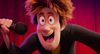 Movie still from “Hotel Transylvania 4: Transformania” (2022), directed by Jennifer Kluska – A cartoon character with a microphone; Close Up shot, Low angle